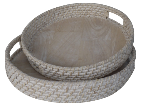 2pc round rattan serving tray